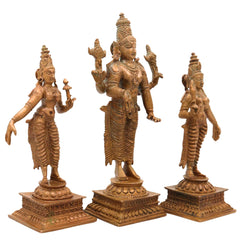 Bronze Vishnu with Sri Devi & Bhu Devi Idol | Handcrafted Murti Set for Pooja, Temple & Home Decor, Brown, 6 Inch, 3 Piece
