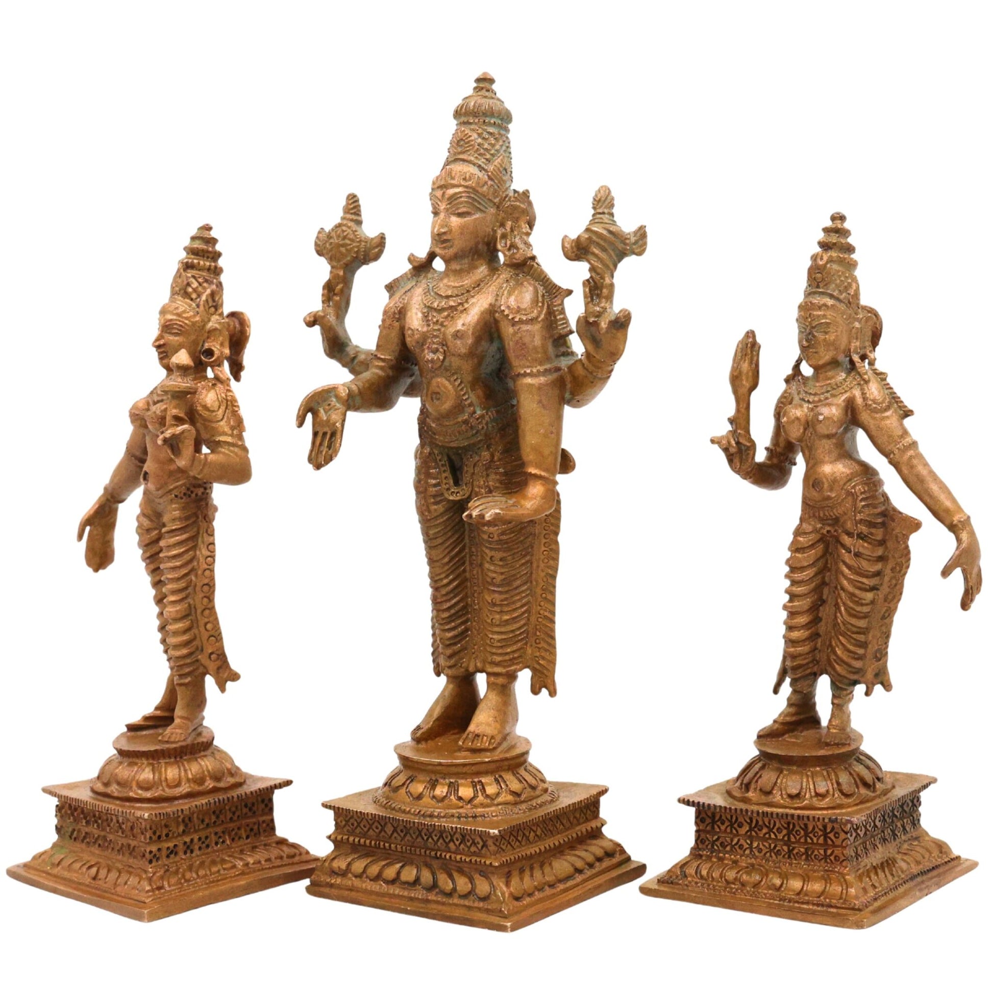 Bronze Vishnu with Sri Devi & Bhu Devi Idol | Handcrafted Murti Set for Pooja, Temple & Home Decor, Brown, 6 Inch, 3 Piece