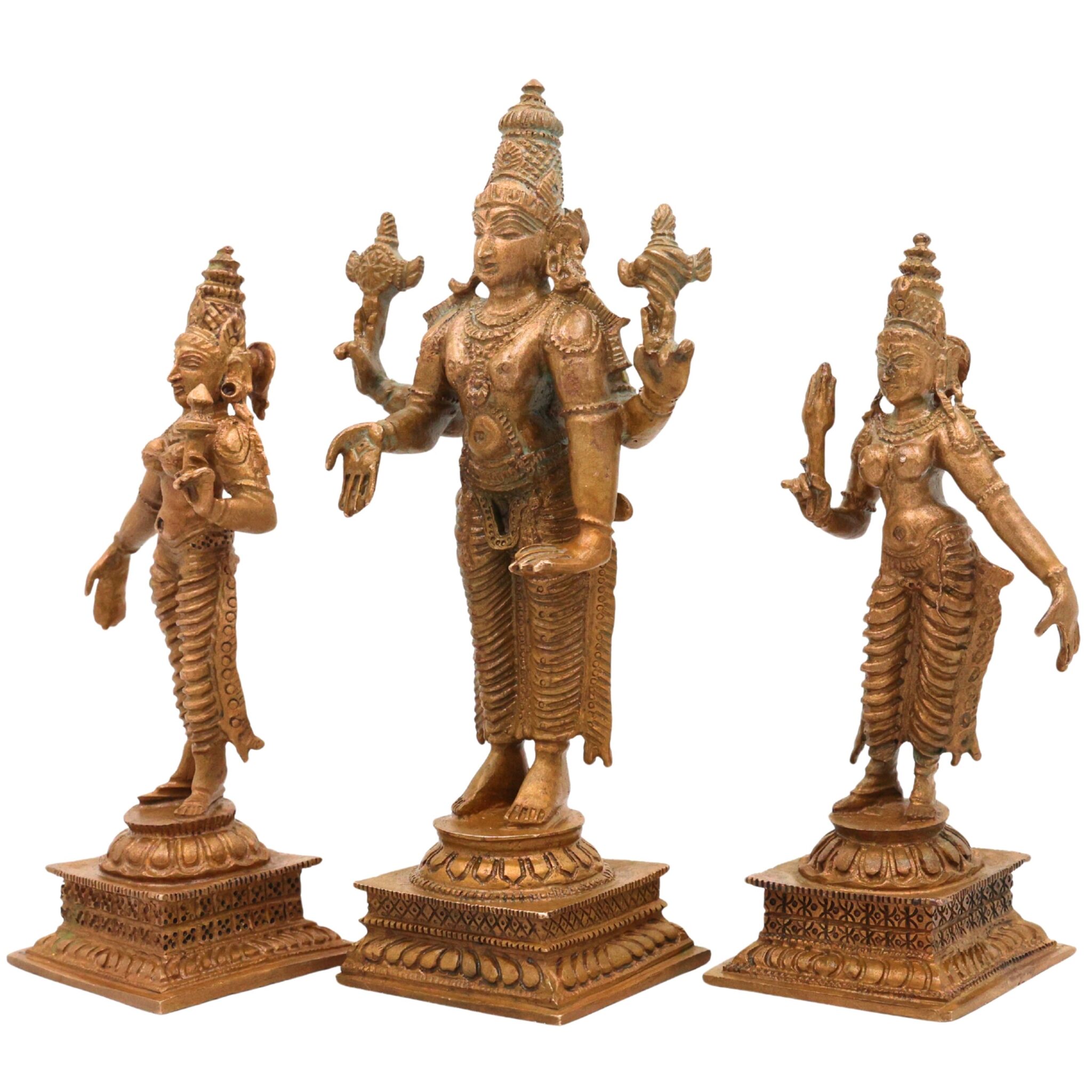 Bronze Vishnu with Sri Devi & Bhu Devi Idol | Handcrafted Murti Set for Pooja, Temple & Home Decor, Brown, 6 Inch, 3 Piece