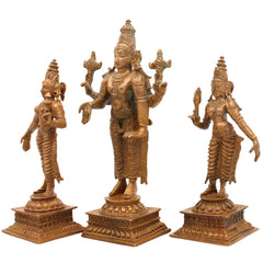 Bronze Vishnu with Sri Devi & Bhu Devi Idol | Handcrafted Murti Set for Pooja, Temple & Home Decor, Brown, 6 Inch, 3 Piece