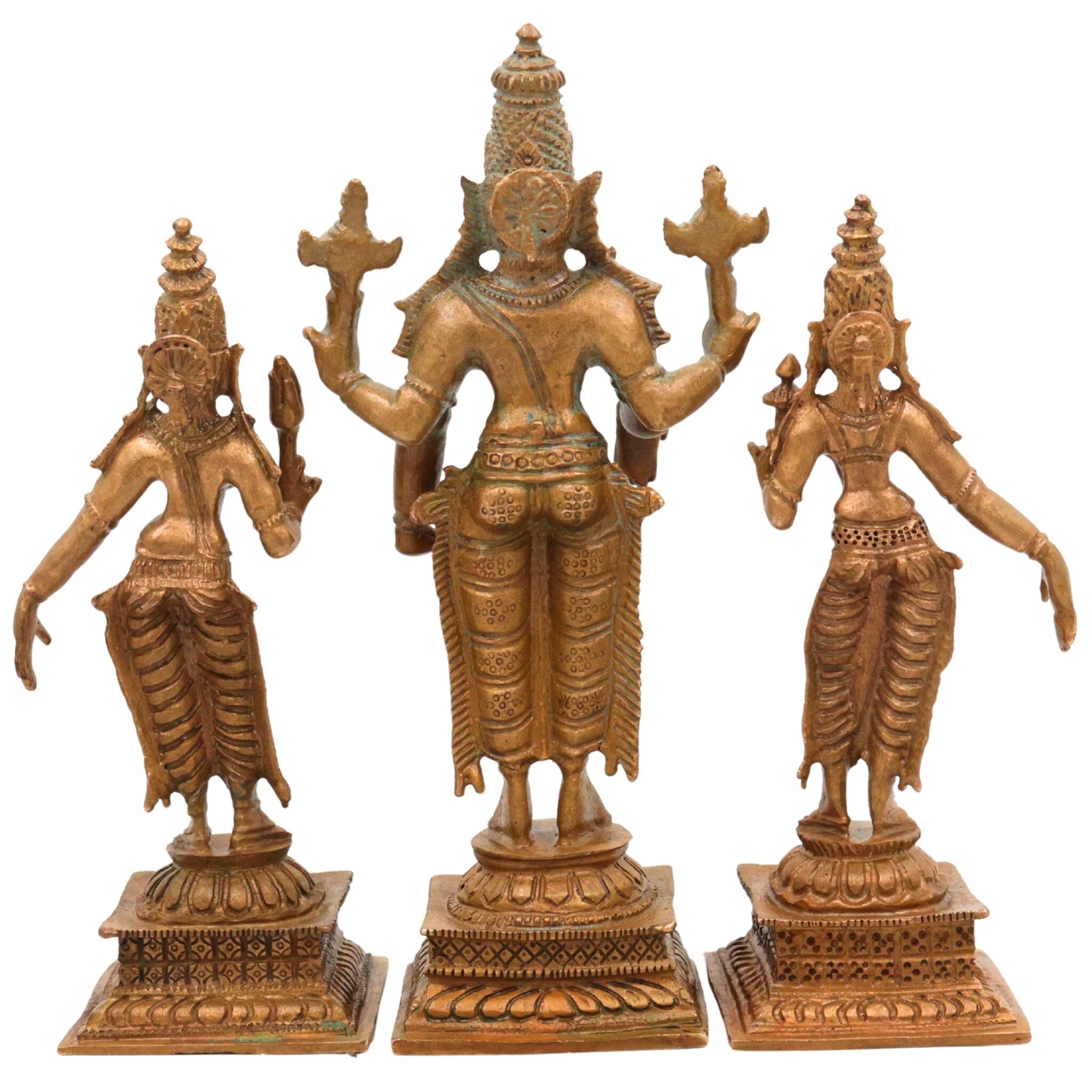 Bronze Vishnu with Sri Devi & Bhu Devi Idol | Handcrafted Murti Set for Pooja, Temple & Home Decor, Brown, 6 Inch, 3 Piece