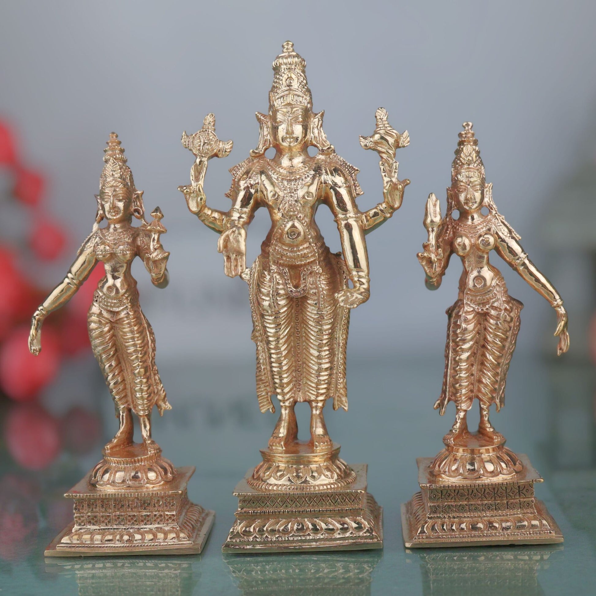 Bronze Vishnu with Sri Devi & Bhu Devi Idol Set | Handcrafted Murti for Pooja, Temple & Home Decor, Gold, 6 Inch, 3 Piece