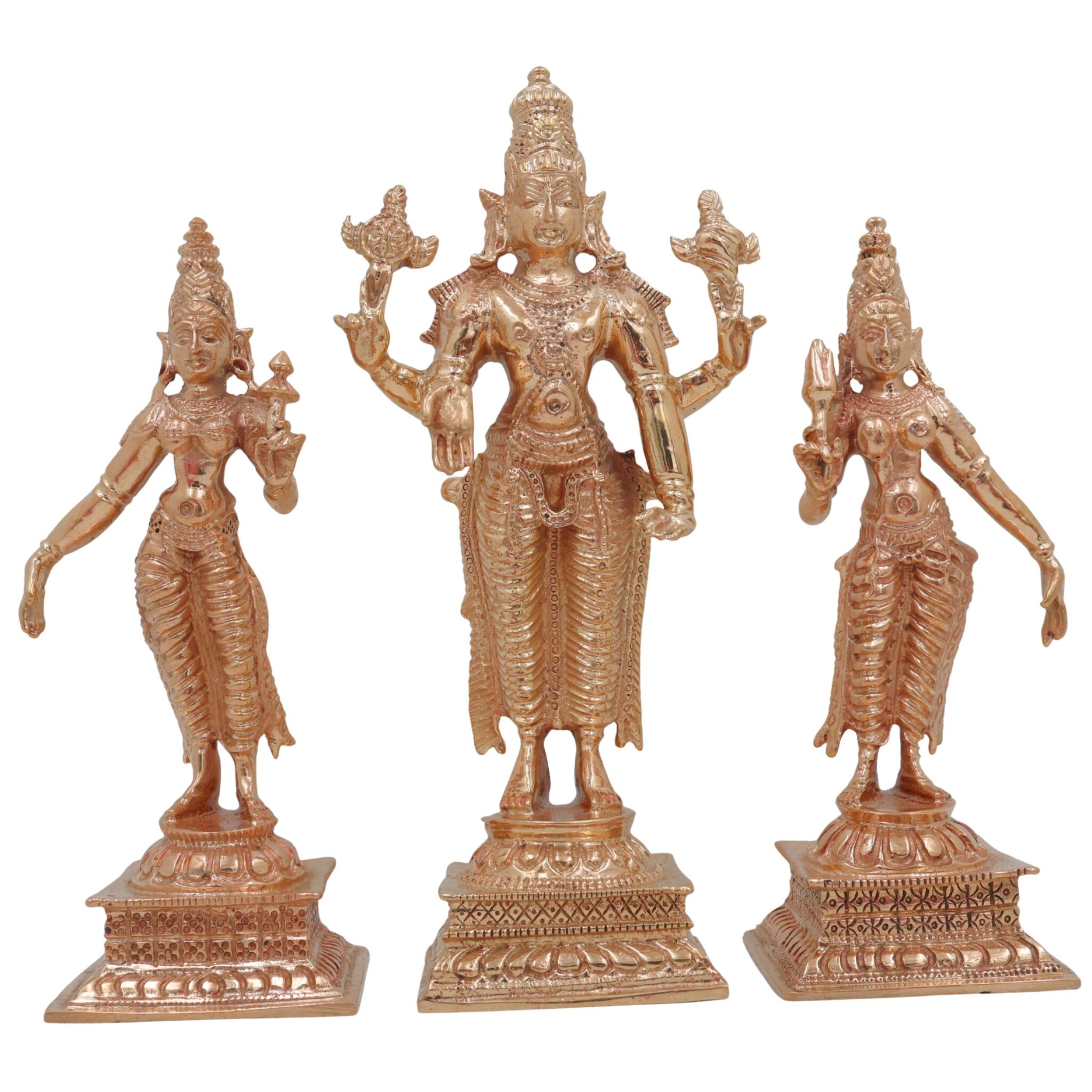 Bronze Vishnu with Sri Devi & Bhu Devi Idol Set | Handcrafted Murti for Pooja, Temple & Home Decor, Gold, 6 Inch, 3 Piece