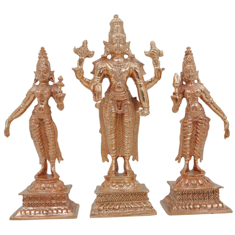 Bronze Vishnu with Sri Devi & Bhu Devi Idol Set | Handcrafted Murti for Pooja, Temple & Home Decor, Gold, 6 Inch, 3 Piece