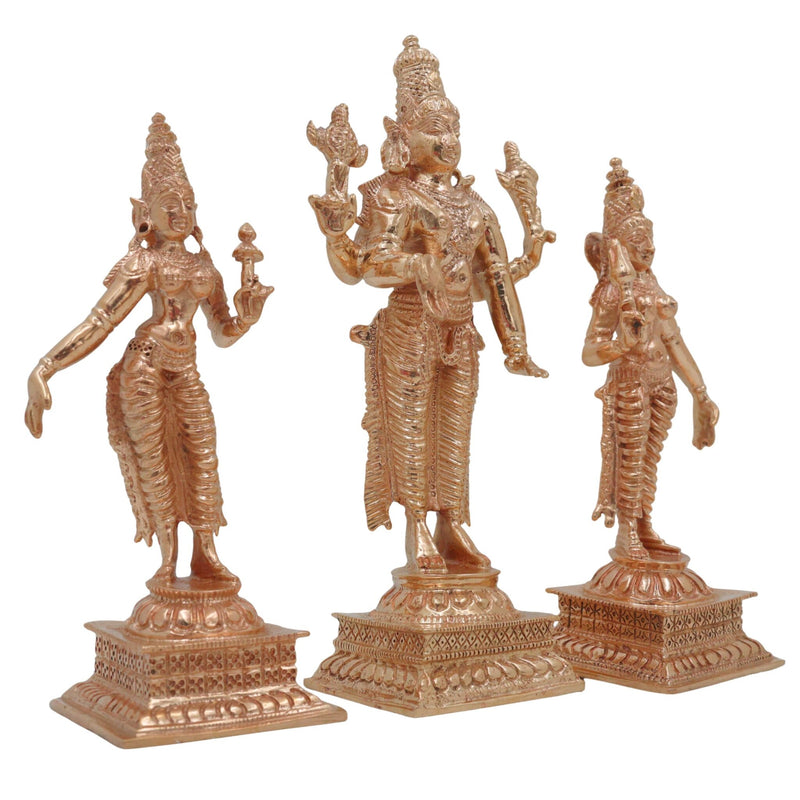 Bronze Vishnu with Sri Devi & Bhu Devi Idol Set | Handcrafted Murti for Pooja, Temple & Home Decor, Gold, 6 Inch, 3 Piece