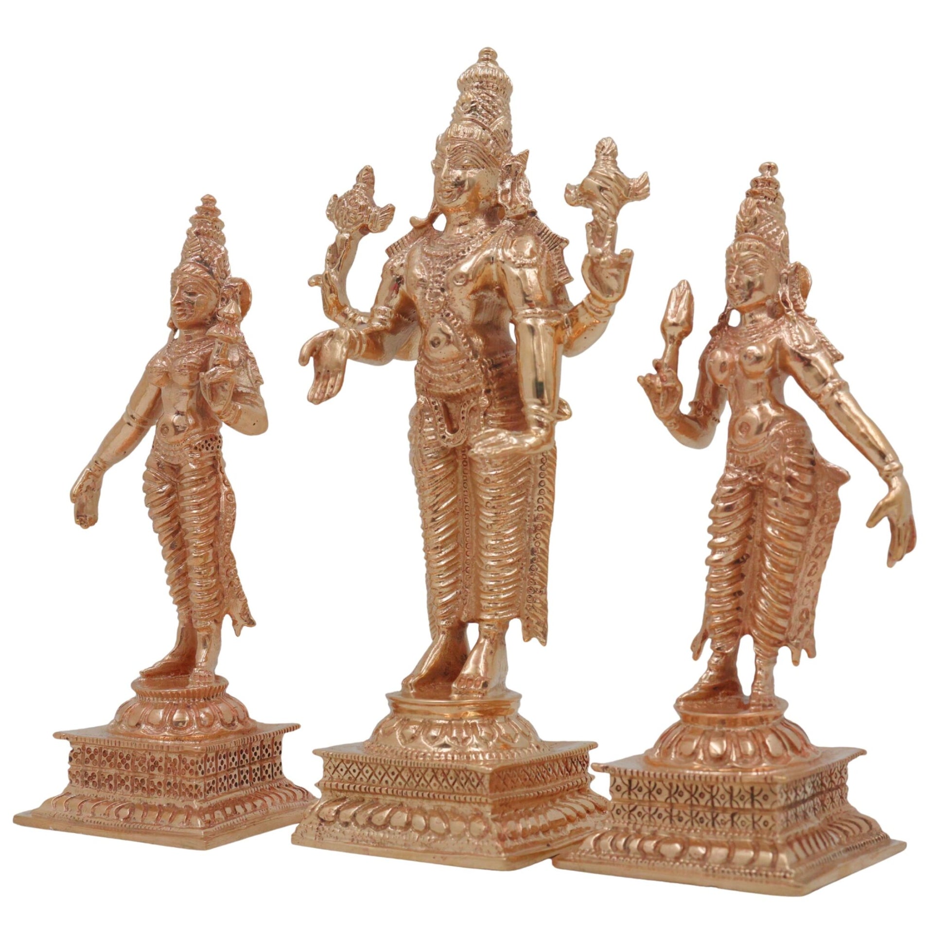 Bronze Vishnu with Sri Devi & Bhu Devi Idol Set | Handcrafted Murti for Pooja, Temple & Home Decor, Gold, 6 Inch, 3 Piece