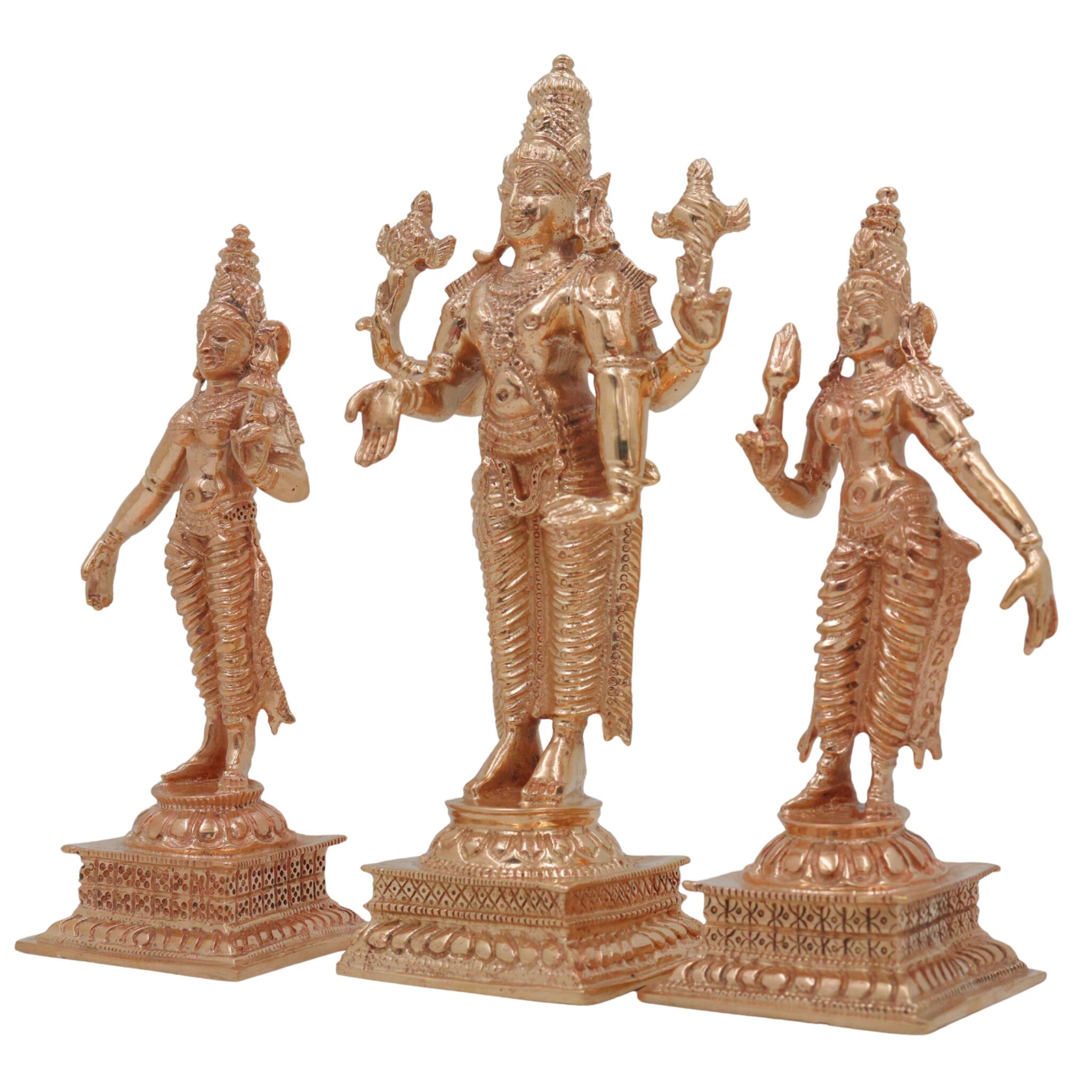 Bronze Vishnu with Sri Devi & Bhu Devi Idol Set | Handcrafted Murti for Pooja, Temple & Home Decor, Gold, 6 Inch, 3 Piece