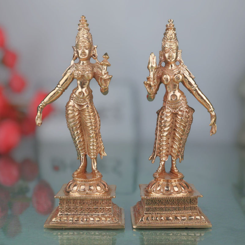 Bronze Sri Devi & Bhu Devi Idol, Handcrafted Goddess Murti, Lakshmi & Earth Goddess Statue for Pooja, Temple & Home Decor, Gold, 4.5 Inch, 2 Piece