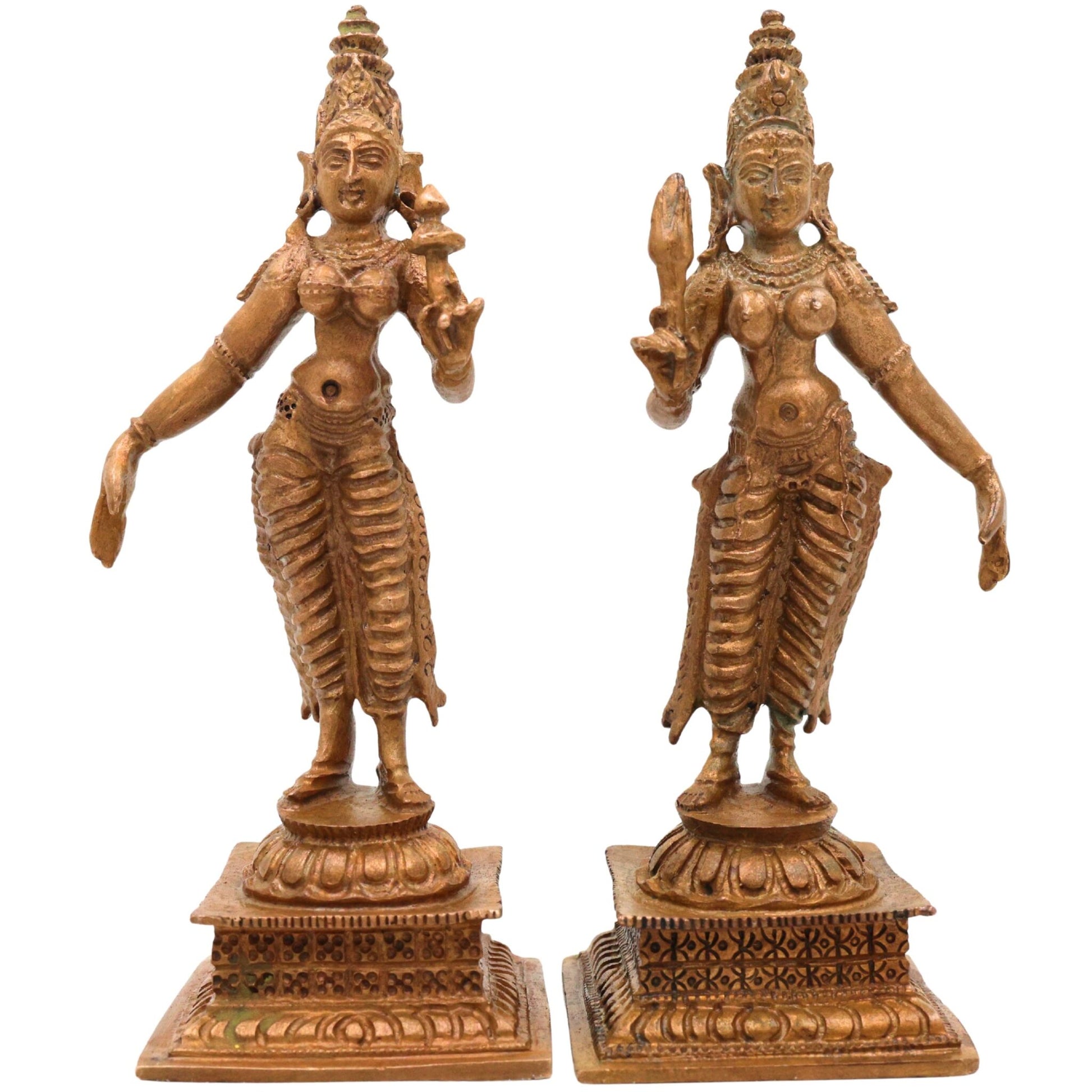 Bronze Sri Devi & Bhu Devi Idol | Handcrafted Lakshmi and Bhudevi Goddess Murti, Lakshmi & Earth Goddess Statue for Pooja, Temple & Home Decor, Brown, 4.5 Inch, 2 Piece