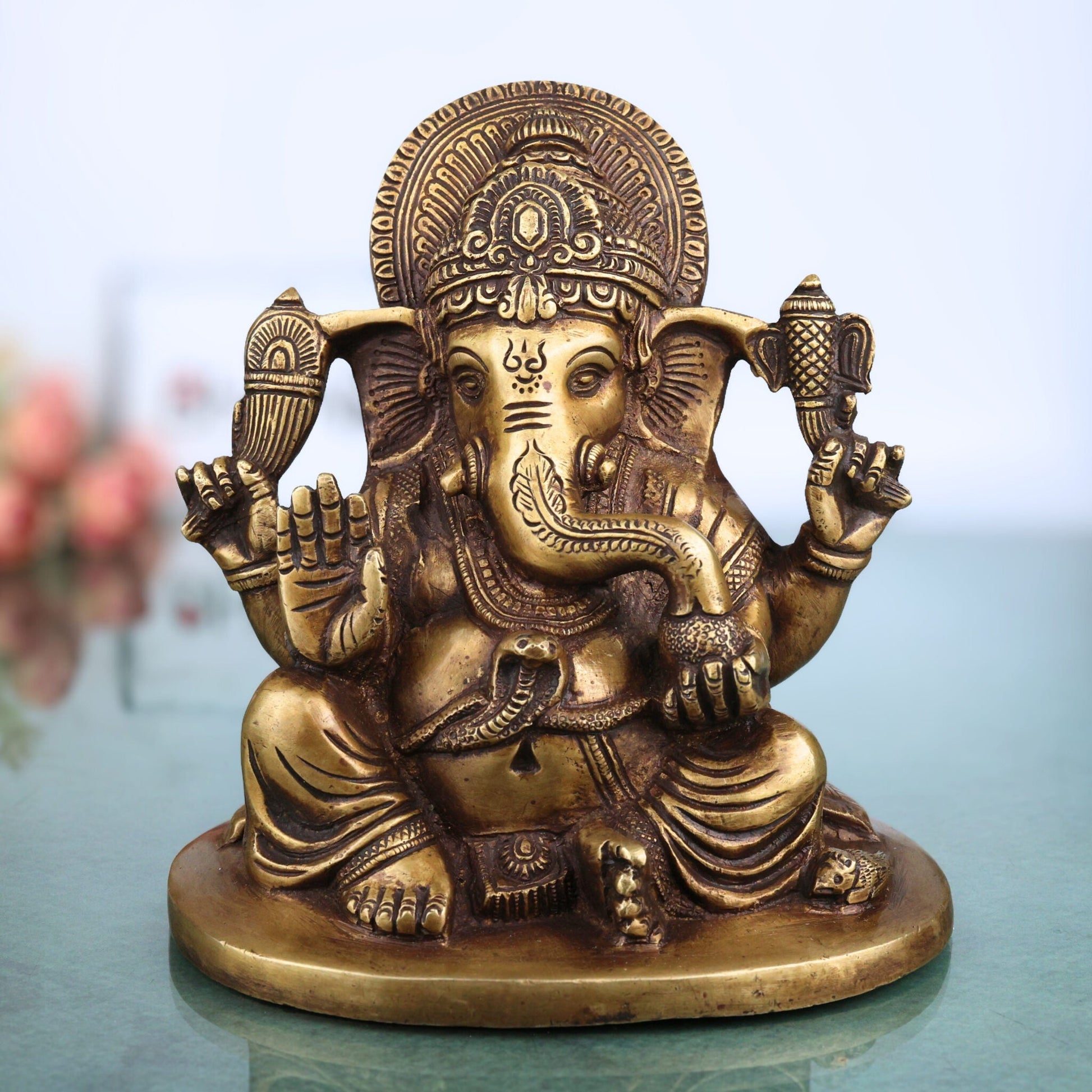 Brass Ganesha Idol | Handcrafted Lord Ganesh Murti, Vinayaka Statue for Pooja, Temple & Home Decor, Gold, 6.5 Inch, 1 Piece