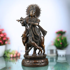 Brass Large Krishna Idol | Handcrafted Lord Krishna Murti for Pooja, Temple & Home Decor, Brown, 19 Inch, 1 Piece