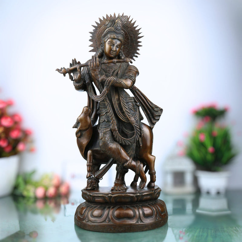 Brass Large Krishna Idol | Handcrafted Lord Krishna Murti for Pooja, Temple & Home Decor, Brown, 19 Inch, 1 Piece