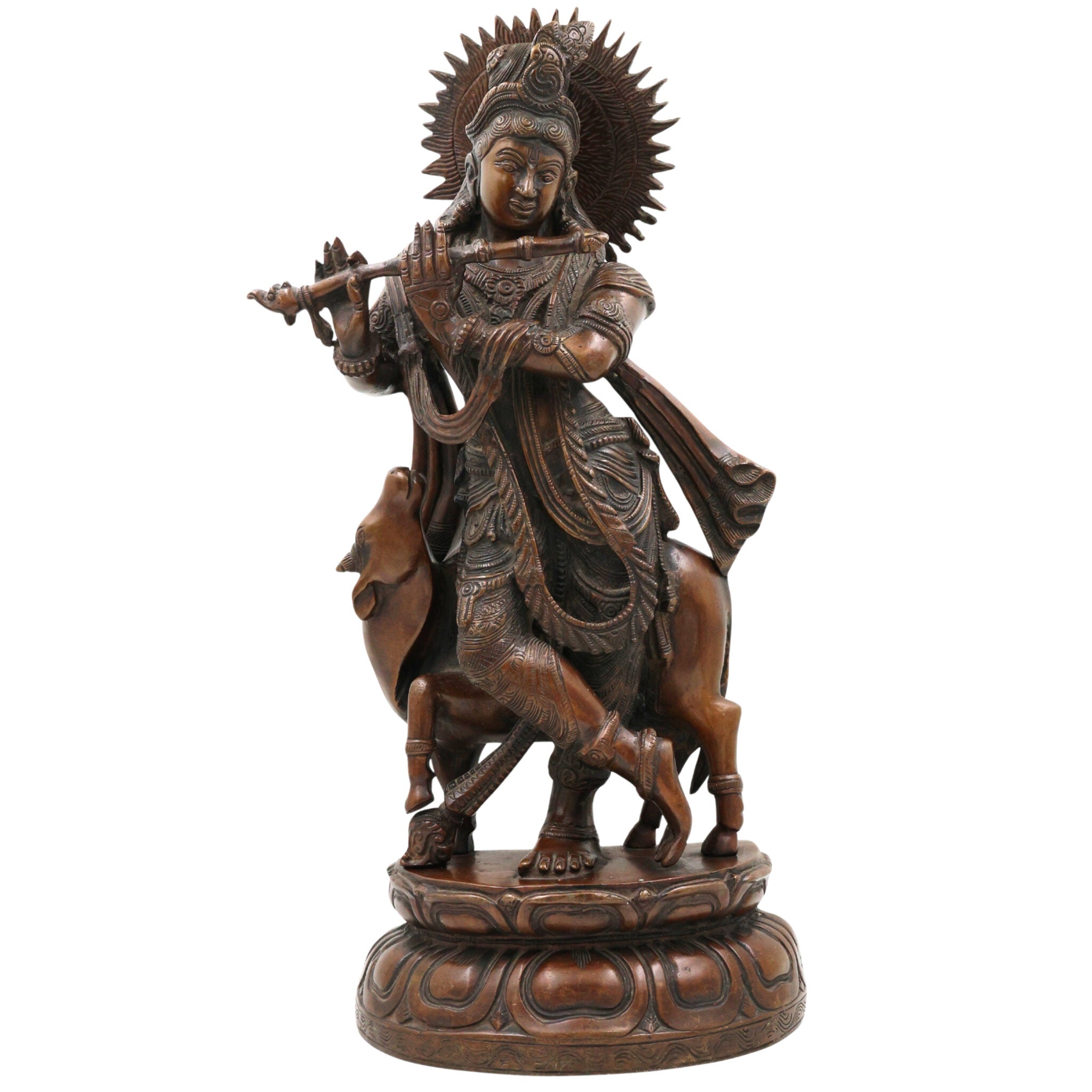 Brass Large Krishna Idol | Handcrafted Lord Krishna Murti for Pooja, Temple & Home Decor, Brown, 19 Inch, 1 Piece