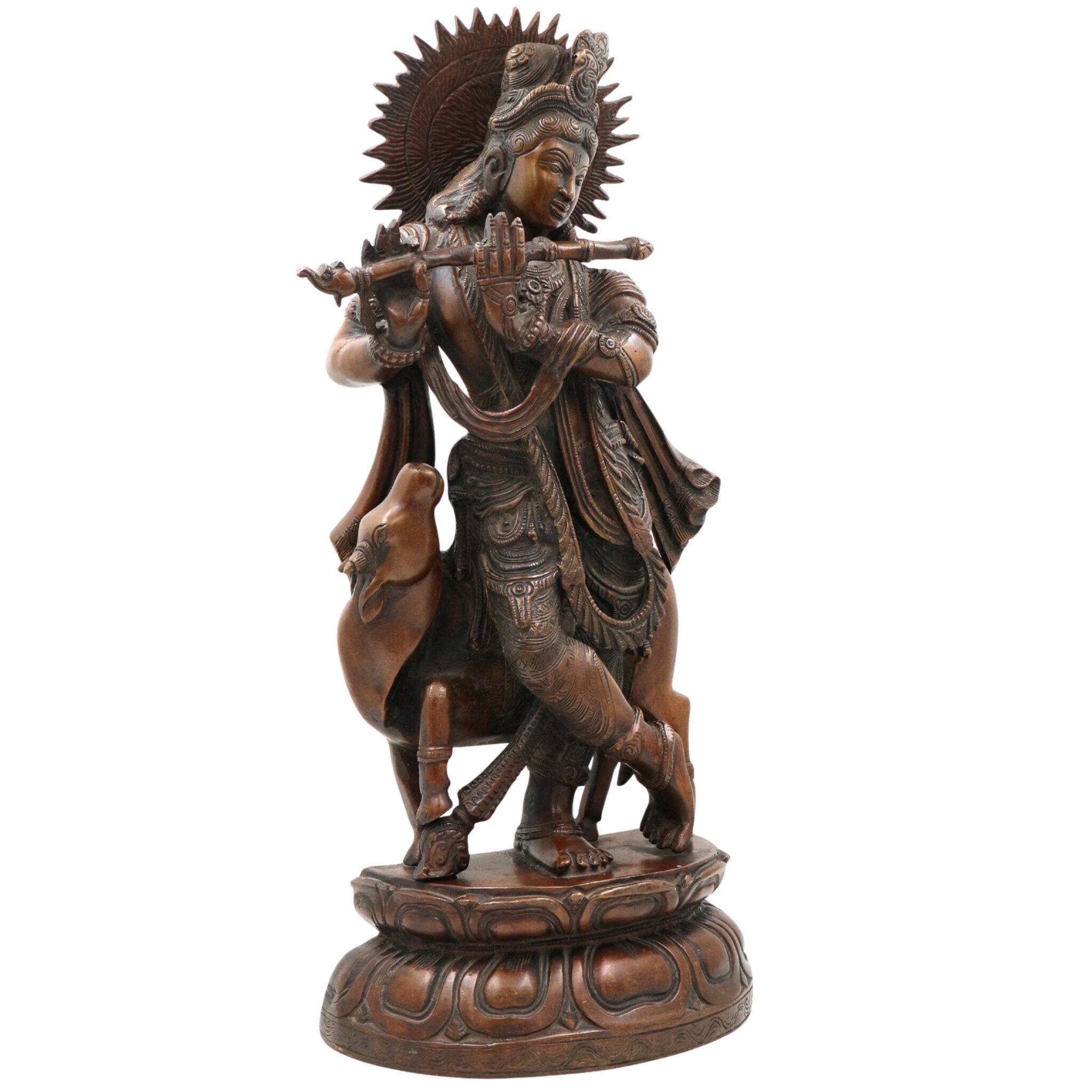 Brass Large Krishna Idol | Handcrafted Lord Krishna Murti for Pooja, Temple & Home Decor, Brown, 19 Inch, 1 Piece