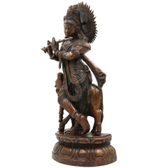 Brass Large Krishna Idol | Handcrafted Lord Krishna Murti for Pooja, Temple & Home Decor, Brown, 19 Inch, 1 Piece