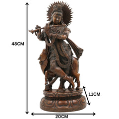 Brass Large Krishna Idol | Handcrafted Lord Krishna Murti for Pooja, Temple & Home Decor, Brown, 19 Inch, 1 Piece