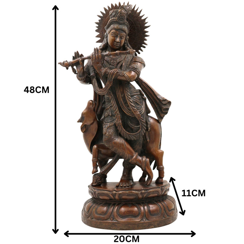 Brass Large Krishna Idol | Handcrafted Lord Krishna Murti for Pooja, Temple & Home Decor, Brown, 19 Inch, 1 Piece