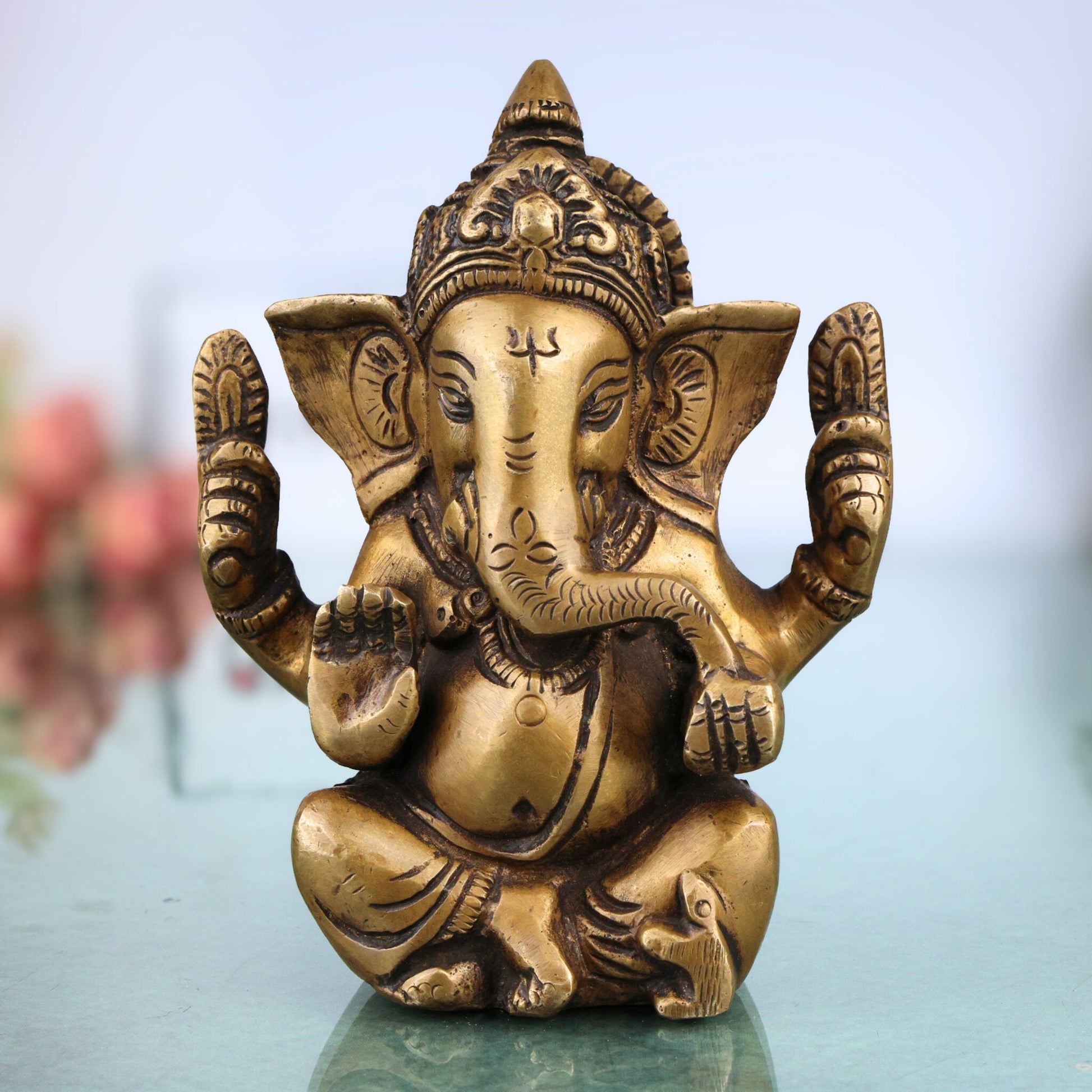 Brass Small Ganesha Idol | Handcrafted Ganesha Murti for Pooja, Home Decor & Gifts, Gold, 5 Inch, 1 Piece