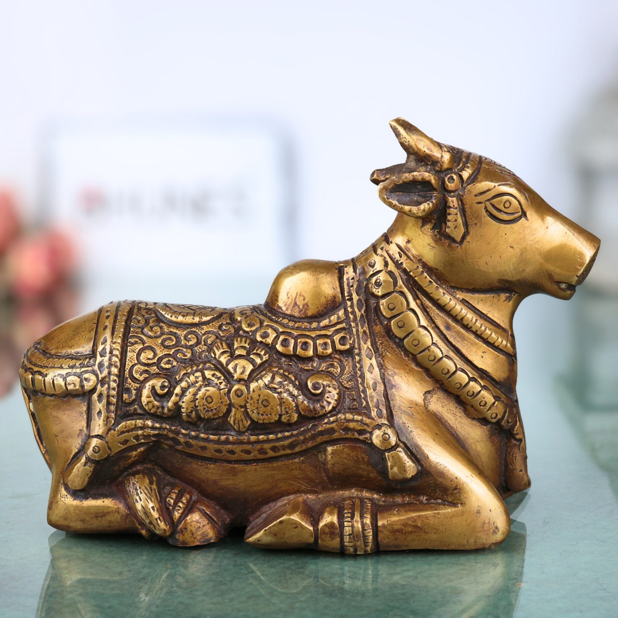 Brass Nandi Idol | Handcrafted Shiva’s Bull Sculpture for Temple, Pooja & Home Decor, Gold, 4.5 Inch, 1 Piece