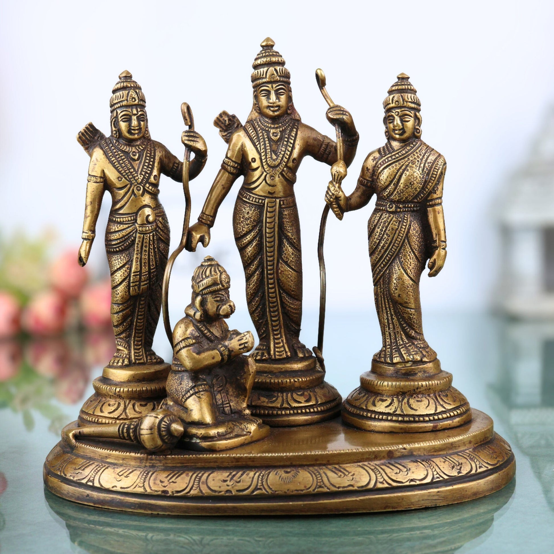 Brass Ram Darbar Idol | Handcrafted Lord Rama, Sita & Laxman Murti for Pooja, Temple & Home Decor, Gold, 6.5 Inch, 1 Piece