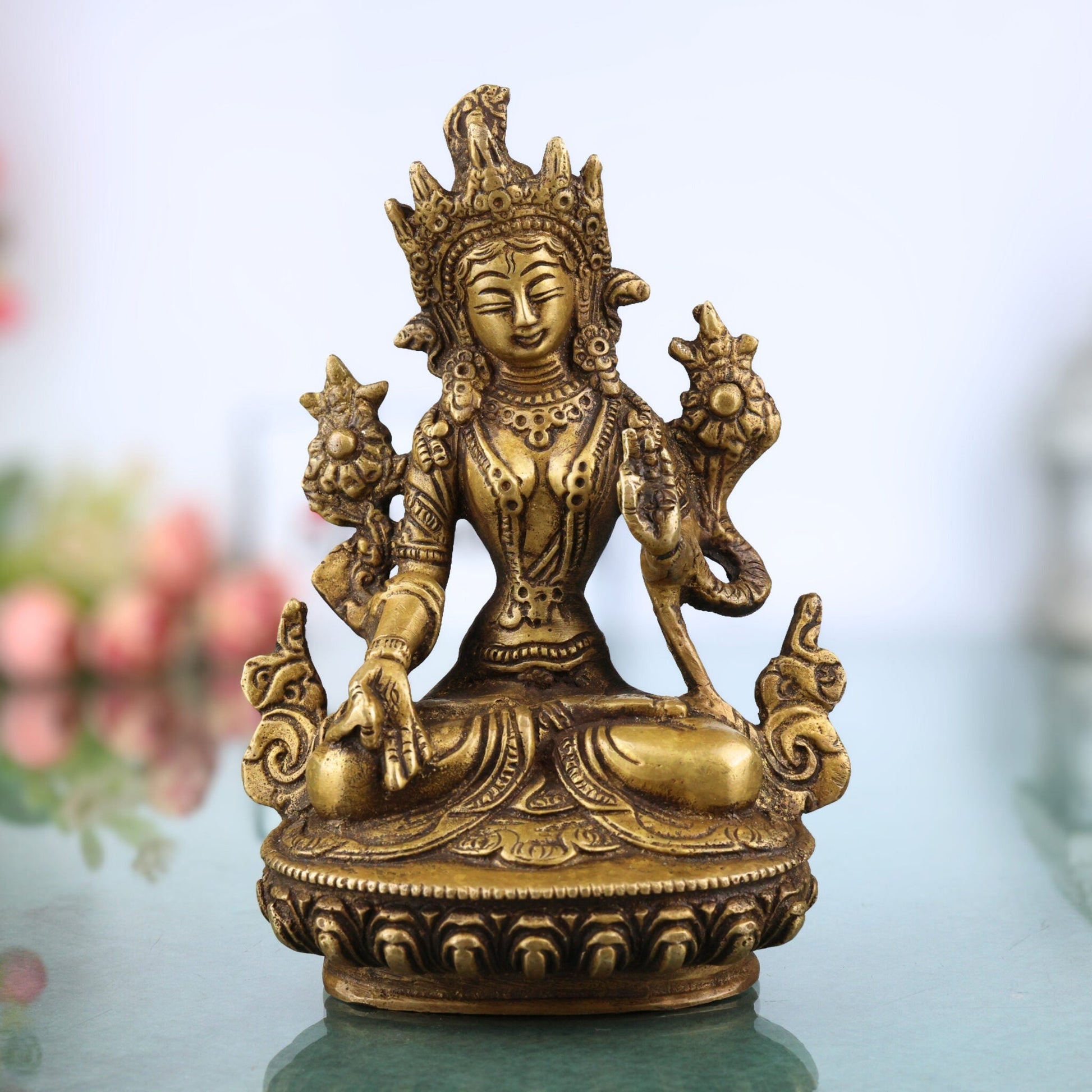 Brass Tara Maa Idol | Handcrafted Goddess Tara Murti for Pooja, Temple & Home Decor, Gold, 6 Inch, 1 Piece