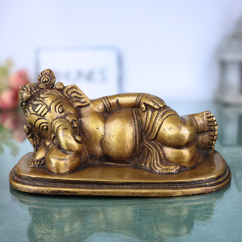 Brass Sleeping Ganesha Idol, Handcrafted Reclining Ganapati Murti, Vinayaka Statue for Pooja, Home Decor & Gifts, Gold, 3 Inch, 1 Piece