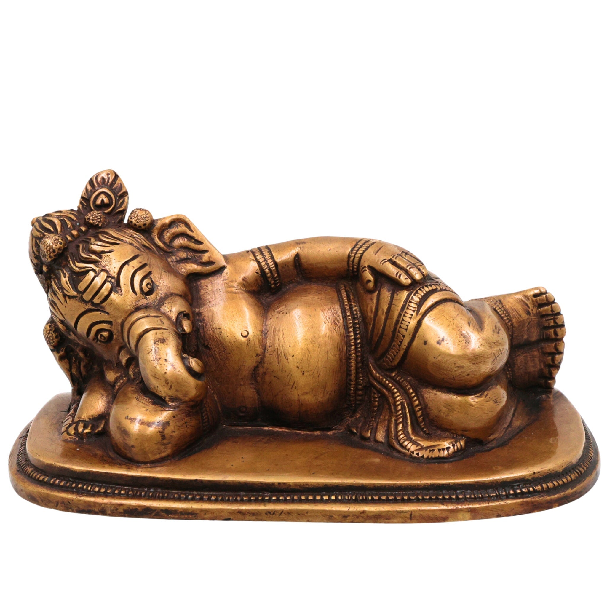Brass Sleeping Ganesha Idol, Handcrafted Reclining Ganapati Murti, Vinayaka Statue for Pooja, Home Decor & Gifts, Gold, 3 Inch, 1 Piece