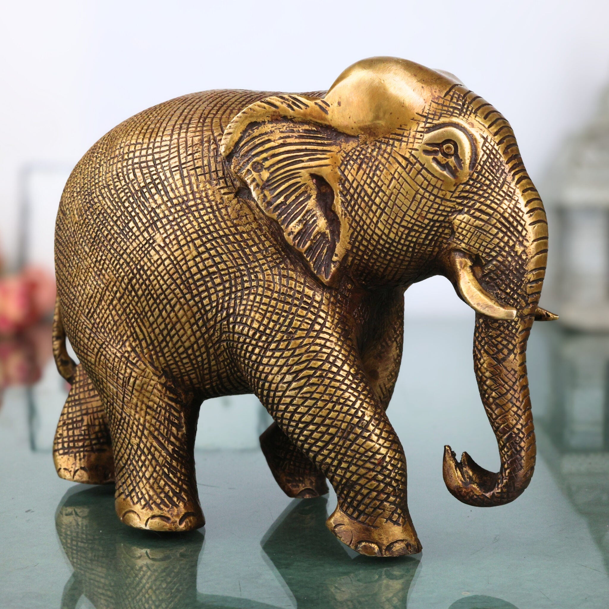 Brass Elephant Idol | Handcrafted Decorative Elephant Sculpture for Home, Pooja & Gifts, Gold, 5 Inch, 1 Piece