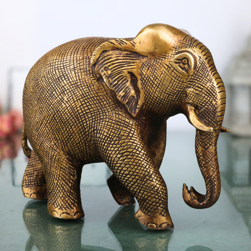 Brass Elephant Idol | Handcrafted Decorative Elephant Sculpture for Home, Pooja & Gifts, Gold, 5 Inch, 1 Piece