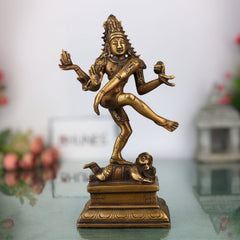 Brass Nataraja Idol | Lord Shiva Dancing Statue | Handmade Tandava Murti for Home Temple Decor, Gold, 10 Inch, 1 Piece