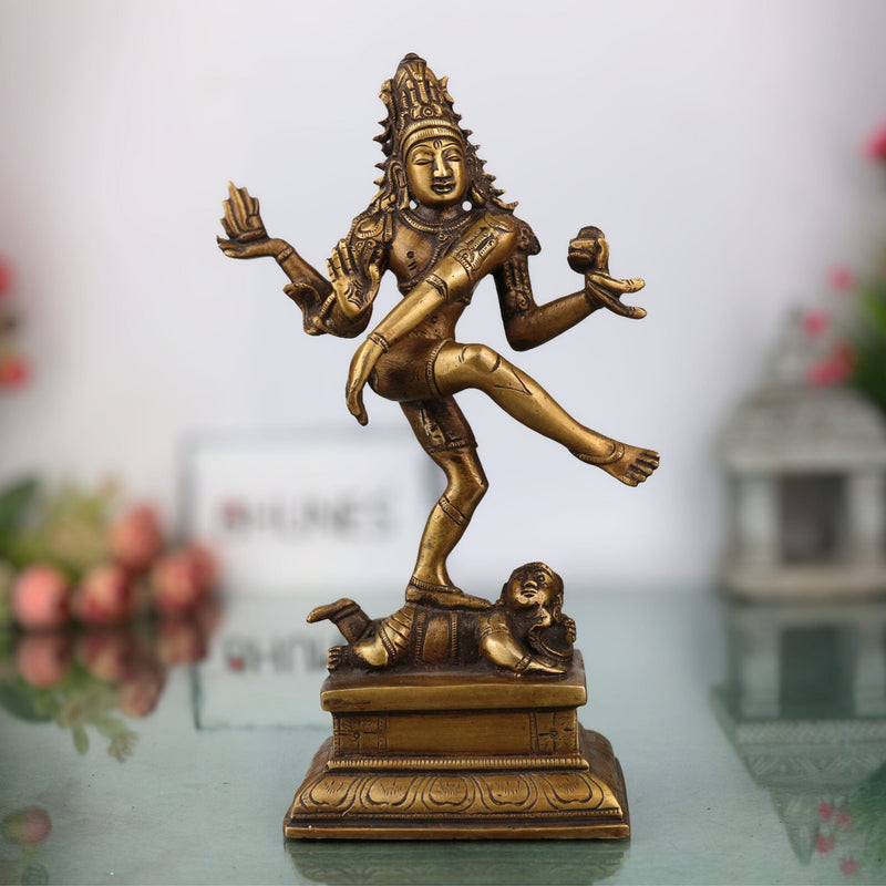 Brass Nataraja Idol | Lord Shiva Dancing Statue | Handmade Tandava Murti for Home Temple Decor, Gold, 10 Inch, 1 Piece