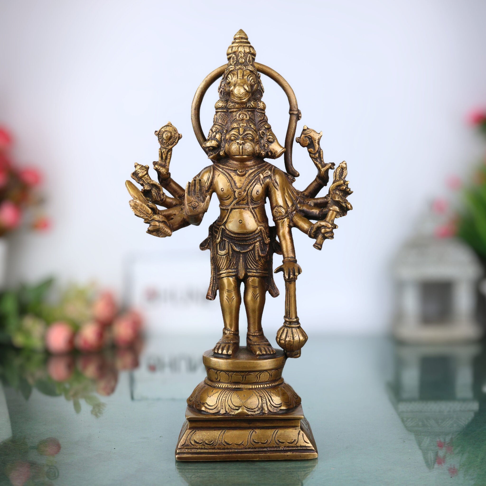 Brass Panchamukhi Hanuman Idol | Handcrafted Five-Faced Hanuman Murti | Bajrangbali Vigraha for Temple & Home Decor, Gold, 12 Inch, 1 Piece