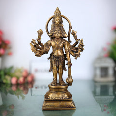 Brass Panchamukhi Hanuman Idol | Handcrafted Five-Faced Hanuman Murti | Bajrangbali Vigraha for Temple & Home Decor, Gold, 12 Inch, 1 Piece