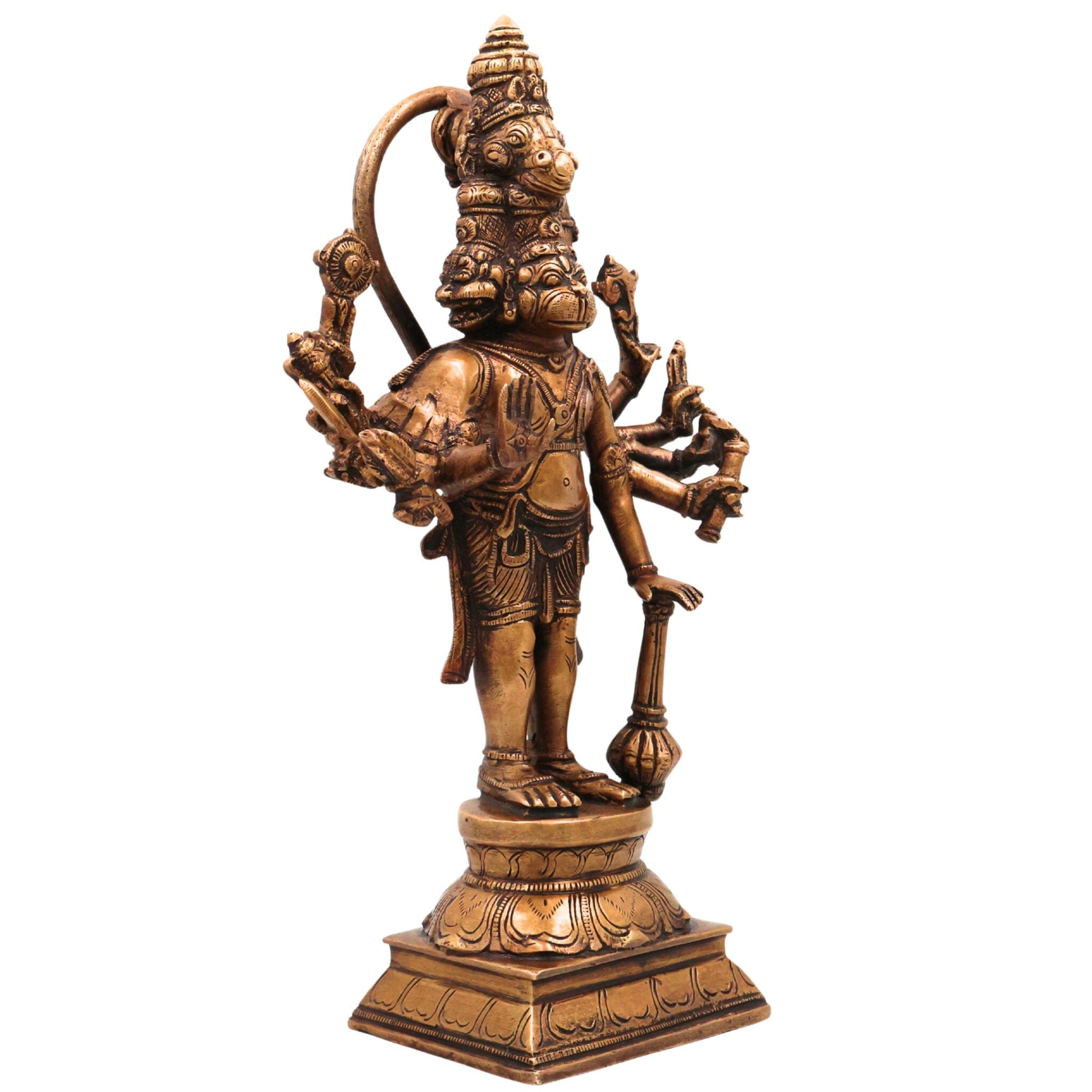 Brass Panchamukhi Hanuman Idol | Handcrafted Five-Faced Hanuman Murti | Bajrangbali Vigraha for Temple & Home Decor, Gold, 12 Inch, 1 Piece