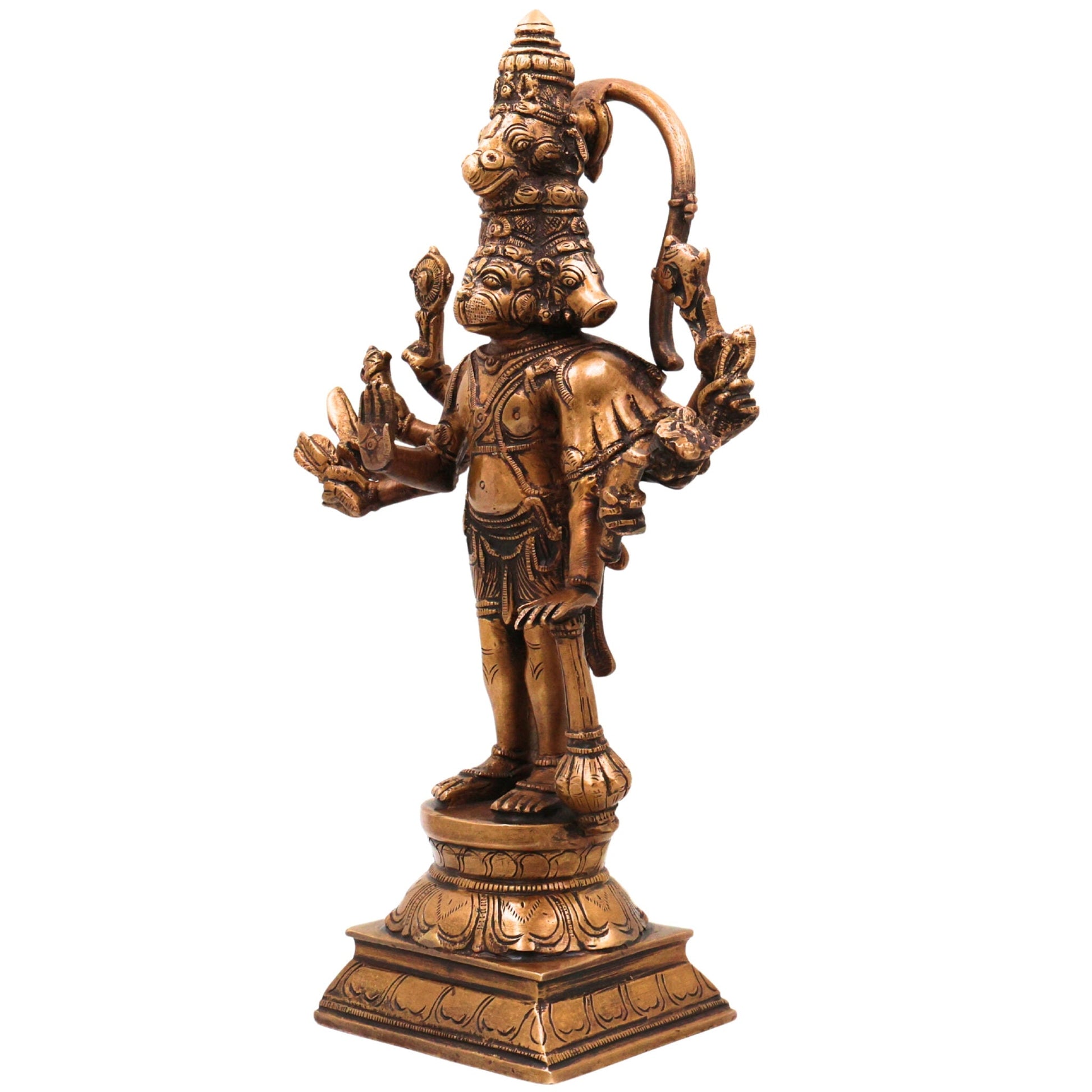 Brass Panchamukhi Hanuman Idol | Handcrafted Five-Faced Hanuman Murti | Bajrangbali Vigraha for Temple & Home Decor, Gold, 12 Inch, 1 Piece