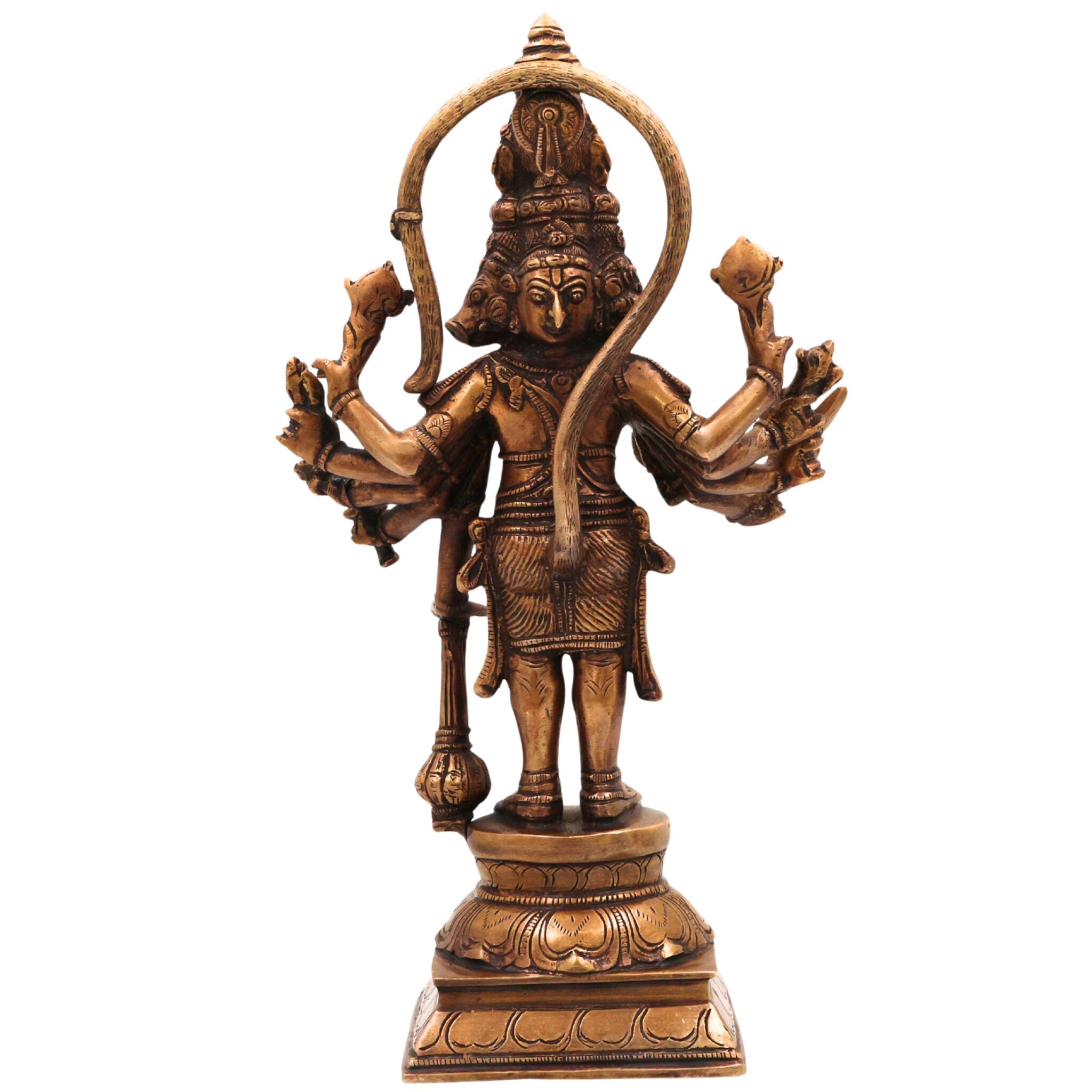 Brass Panchamukhi Hanuman Idol | Handcrafted Five-Faced Hanuman Murti | Bajrangbali Vigraha for Temple & Home Decor, Gold, 12 Inch, 1 Piece