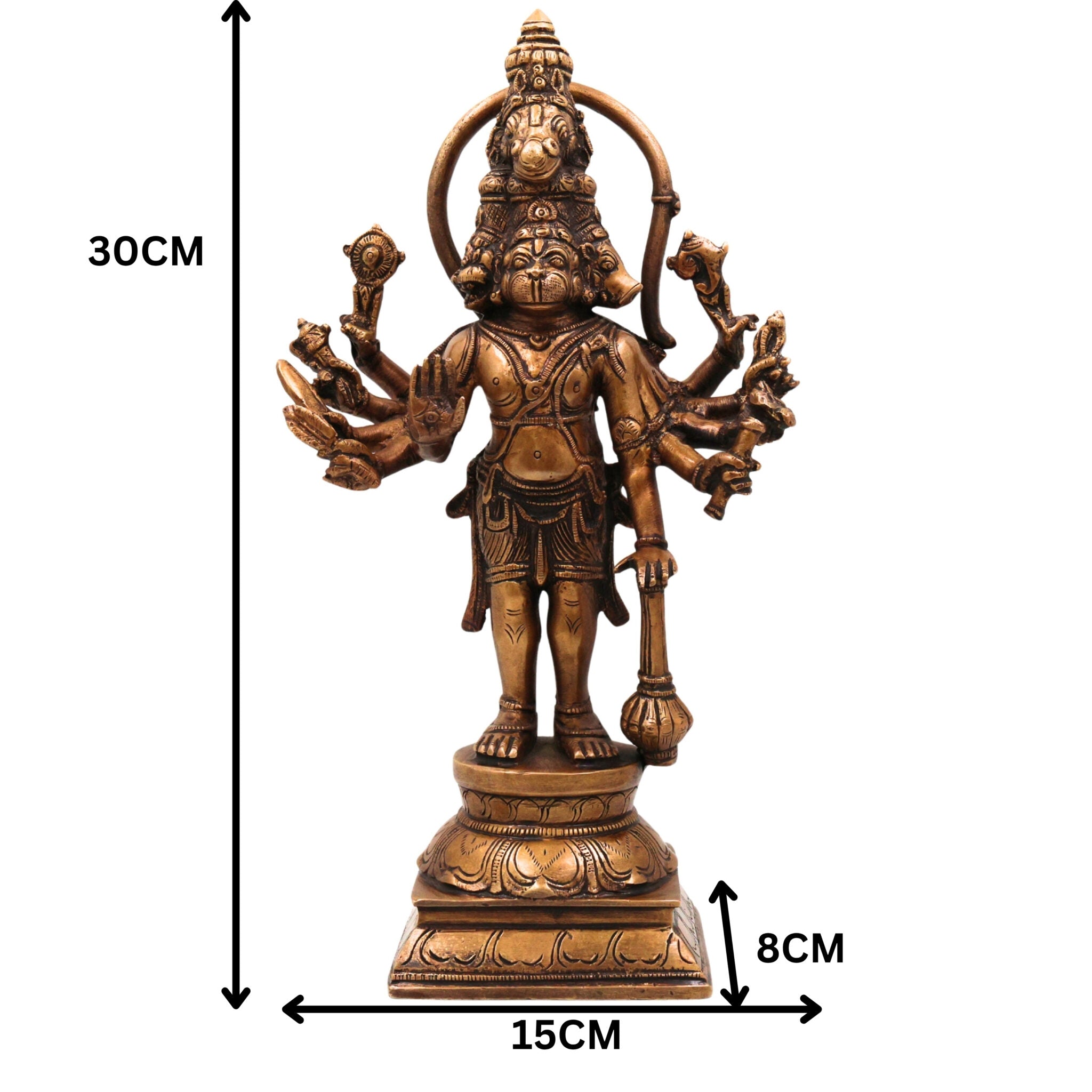 Brass Panchamukhi Hanuman Idol | Handcrafted Five-Faced Hanuman Murti | Bajrangbali Vigraha for Temple & Home Decor, Gold, 12 Inch, 1 Piece