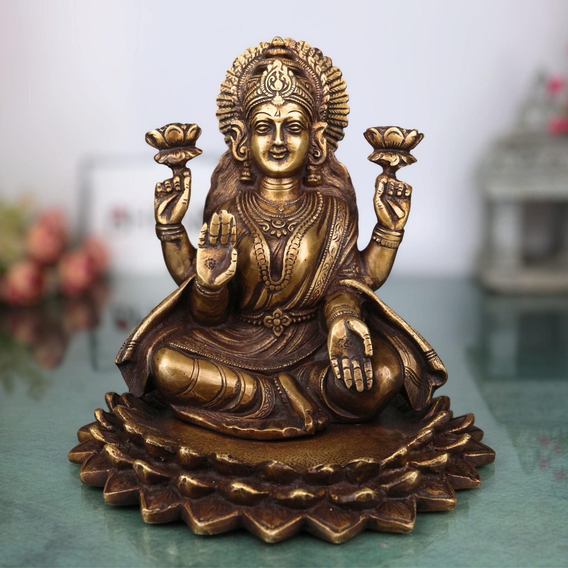 Brass Lakshmi on Lotus Idol | Handcrafted Mahalakshmi Statue | Goddess Lakshmi Murti for Temple, Pooja & Home Decor, Gold, 7.5 Inch, 1 Piece