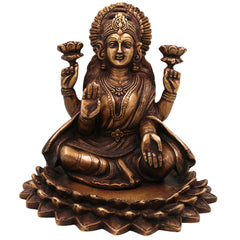 Brass Lakshmi on Lotus Idol | Handcrafted Mahalakshmi Statue | Goddess Lakshmi Murti for Temple, Pooja & Home Decor, Gold, 7.5 Inch, 1 Piece