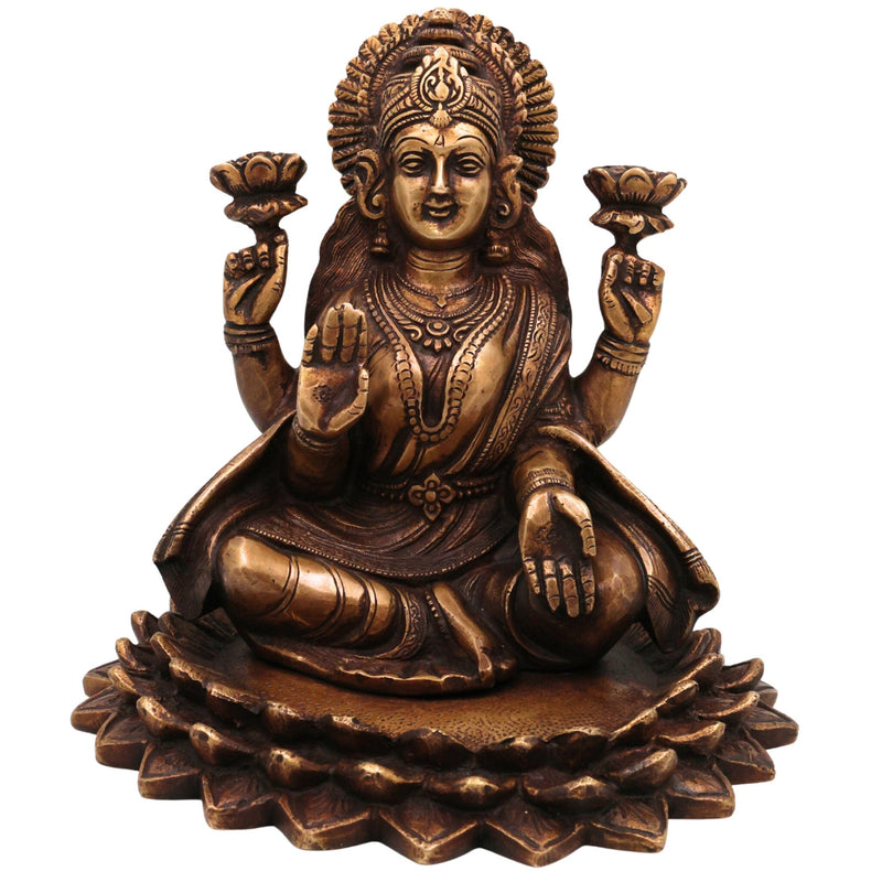 Brass Lakshmi on Lotus Idol | Handcrafted Mahalakshmi Statue | Goddess Lakshmi Murti for Temple, Pooja & Home Decor, Gold, 7.5 Inch, 1 Piece