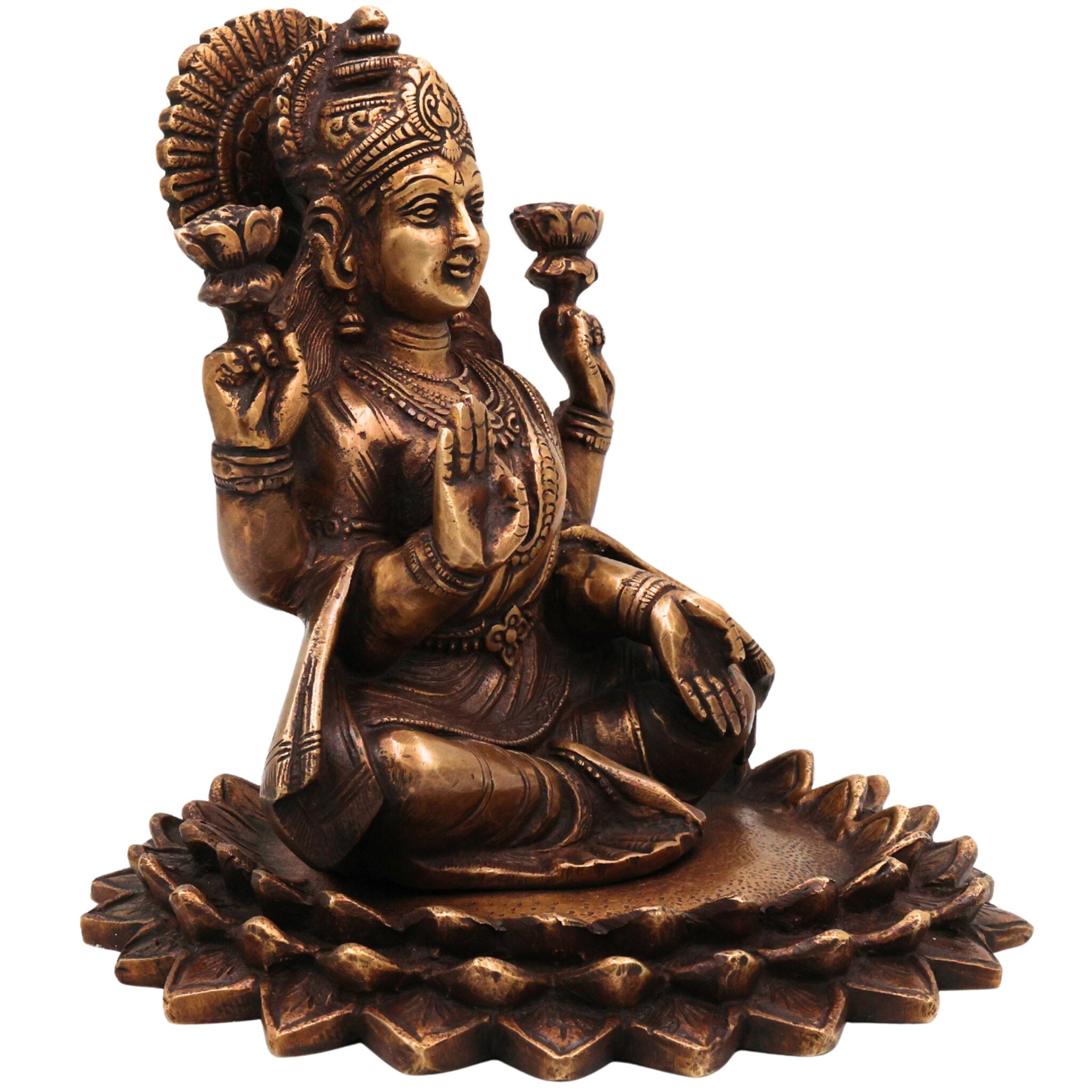 Brass Lakshmi on Lotus Idol | Handcrafted Mahalakshmi Statue | Goddess Lakshmi Murti for Temple, Pooja & Home Decor, Gold, 7.5 Inch, 1 Piece