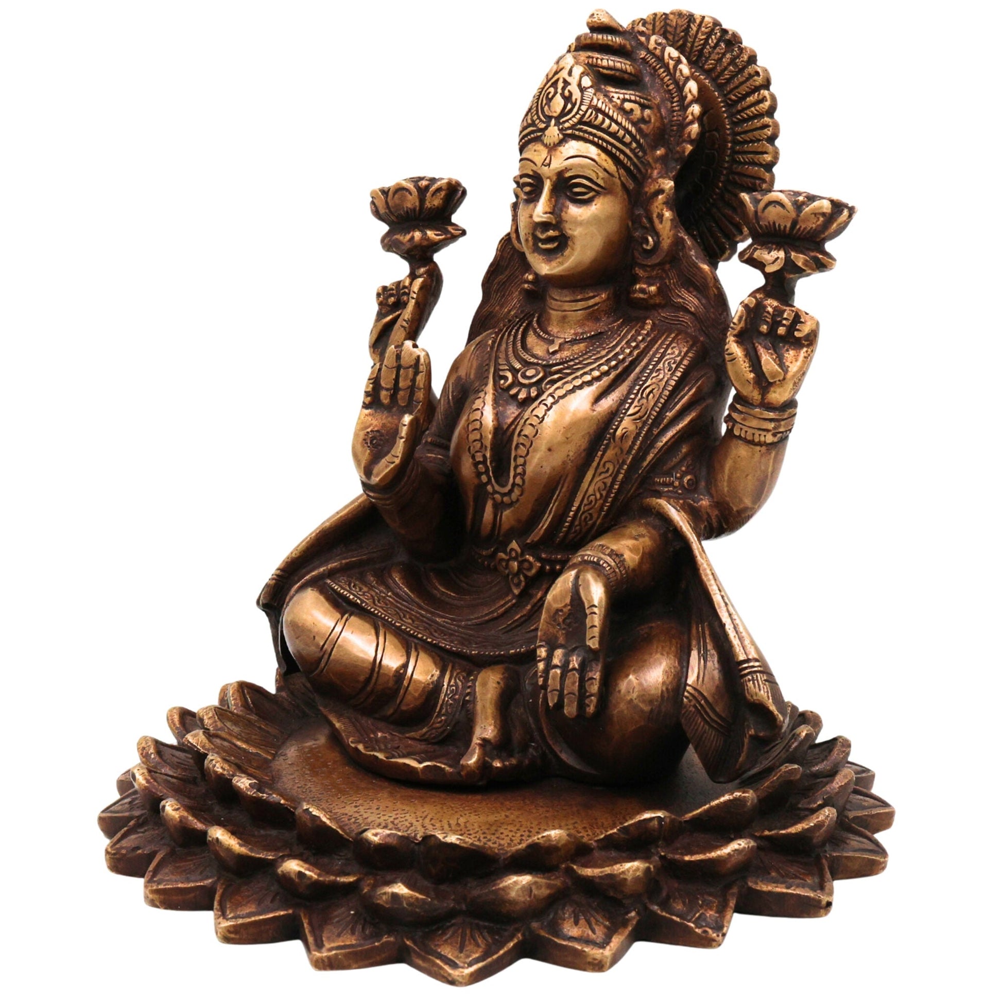 Brass Lakshmi on Lotus Idol | Handcrafted Mahalakshmi Statue | Goddess Lakshmi Murti for Temple, Pooja & Home Decor, Gold, 7.5 Inch, 1 Piece