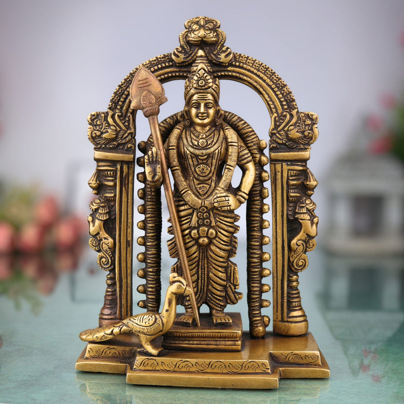 Brass Murugan Idol, Handcrafted Subramanya Murti, Karthikeya Statue for Pooja, Temple & Home Decor, Gold, 8.5 Inch, 1 Piece