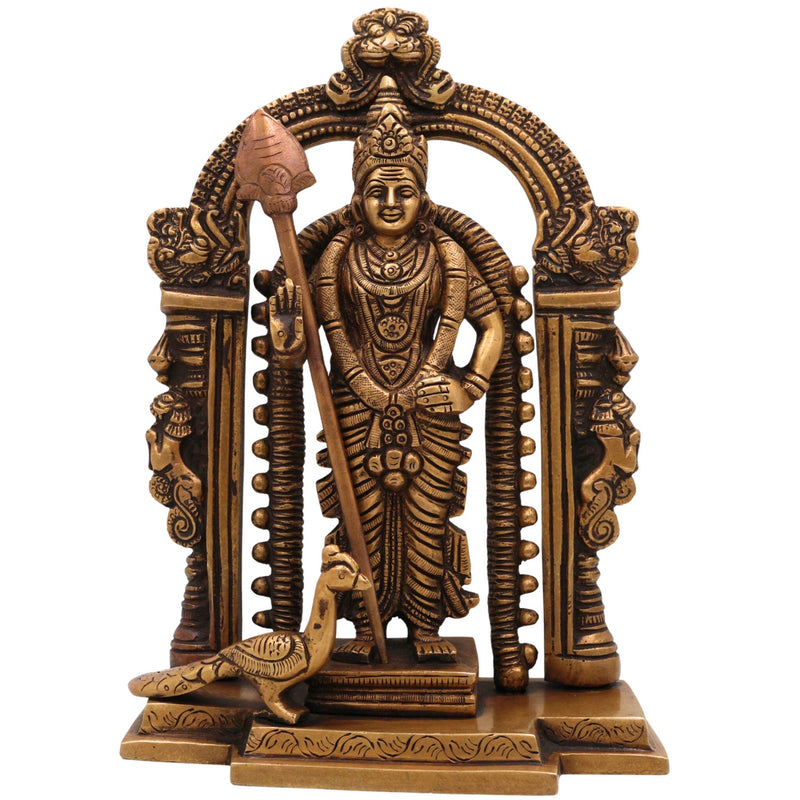 Brass Murugan Idol, Handcrafted Subramanya Murti, Karthikeya Statue for Pooja, Temple & Home Decor, Gold, 8.5 Inch, 1 Piece