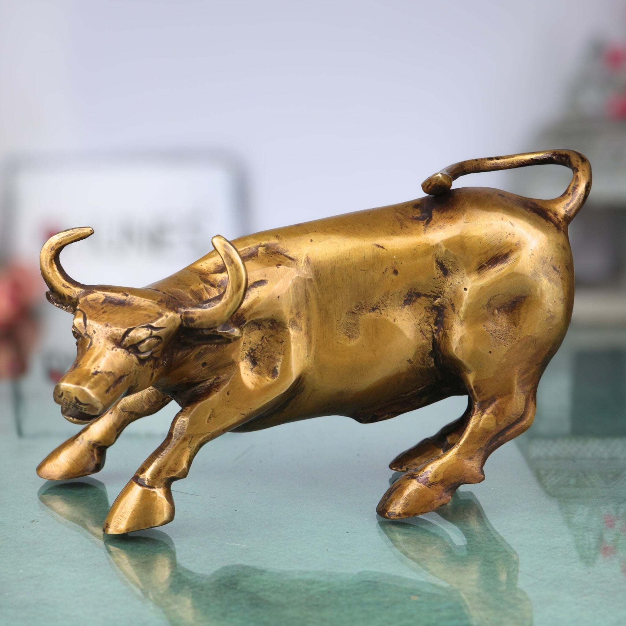 Brass Handcrafted Bull, Shiva’s Vehicle Nandhi Murti for Pooja, Temple & Home Decor, Gold, 4.5 Inch, 1 Piece