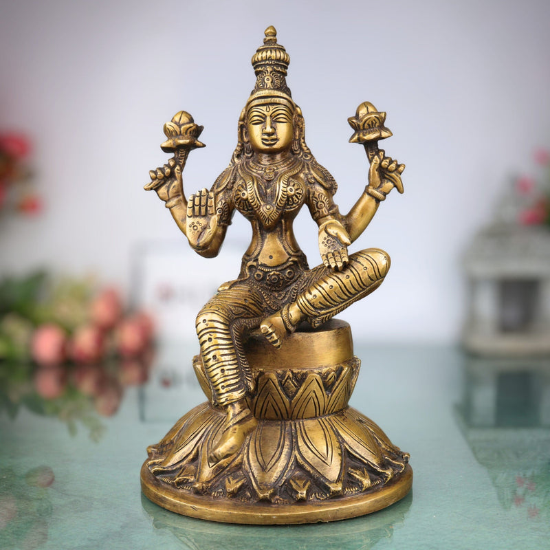Brass Goddess Lakshmi Idol, Handcrafted mahalakshmi Murti, Prosperity Statue for Pooja, Home Temple & Decor, Gold, 10 Inch, 1 Piece