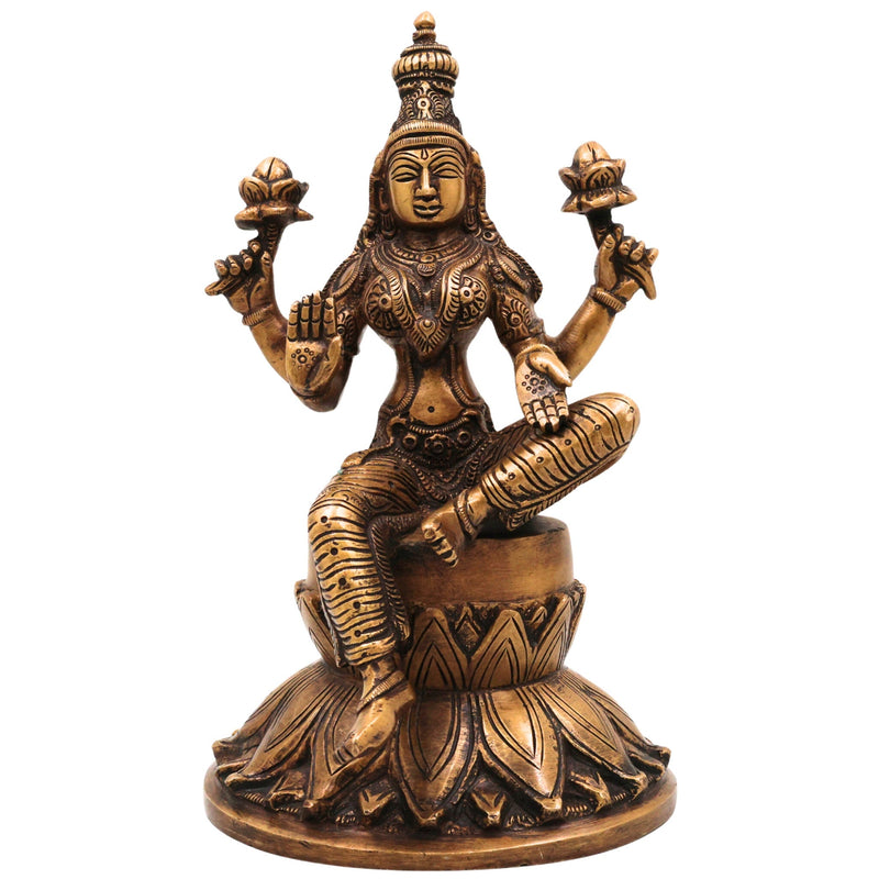 Brass Goddess Lakshmi Idol, Handcrafted mahalakshmi Murti, Prosperity Statue for Pooja, Home Temple & Decor, Gold, 10 Inch, 1 Piece