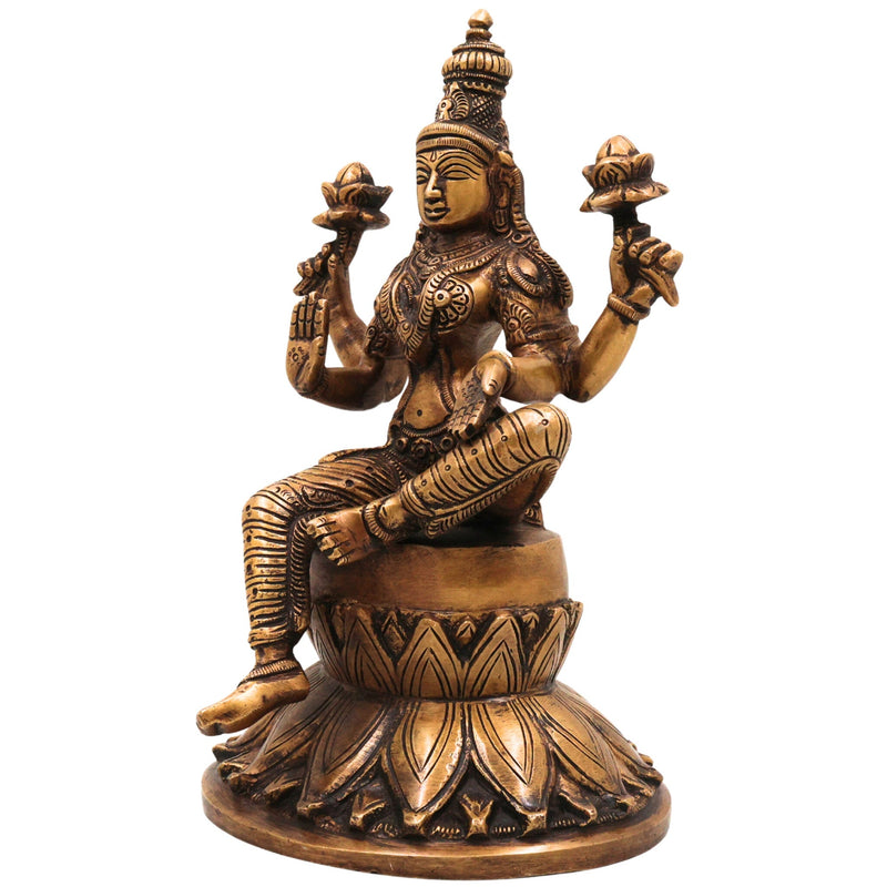 Brass Goddess Lakshmi Idol, Handcrafted mahalakshmi Murti, Prosperity Statue for Pooja, Home Temple & Decor, Gold, 10 Inch, 1 Piece