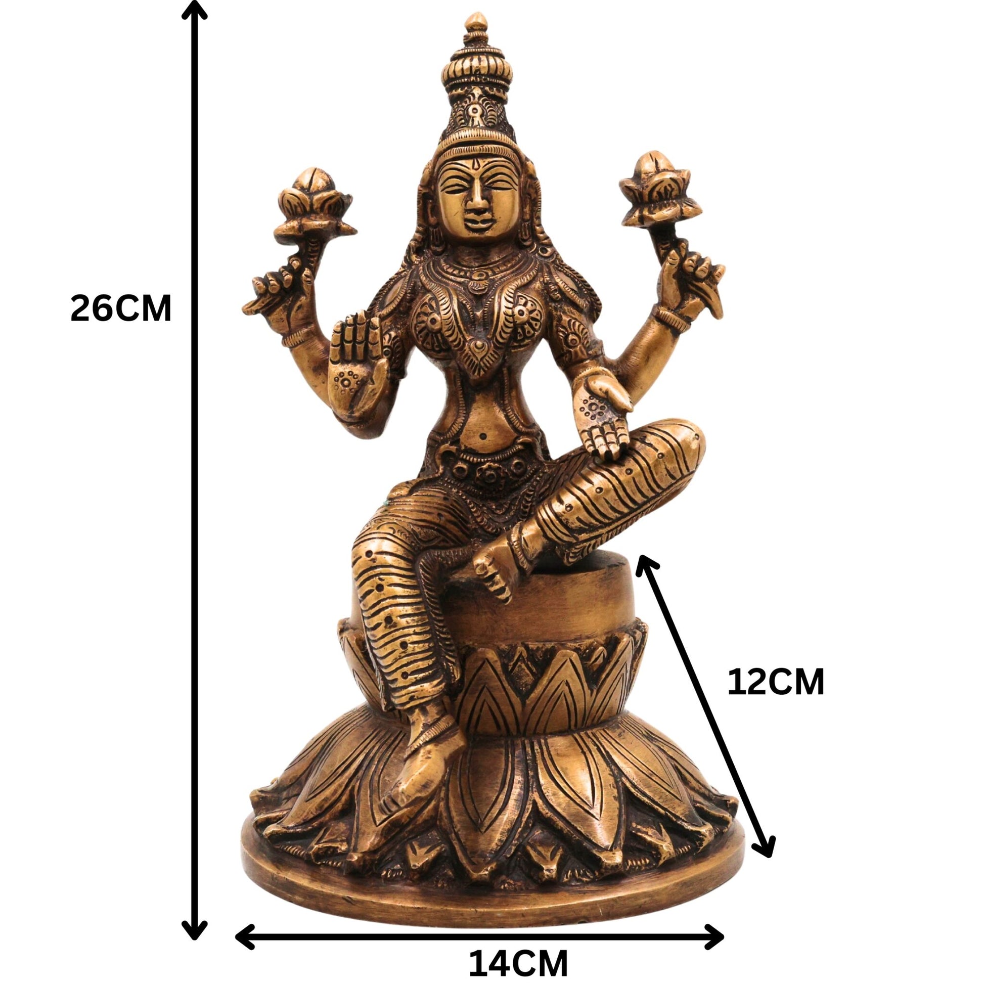 Brass Goddess Lakshmi Idol, Handcrafted mahalakshmi Murti, Prosperity Statue for Pooja, Home Temple & Decor, Gold, 10 Inch, 1 Piece