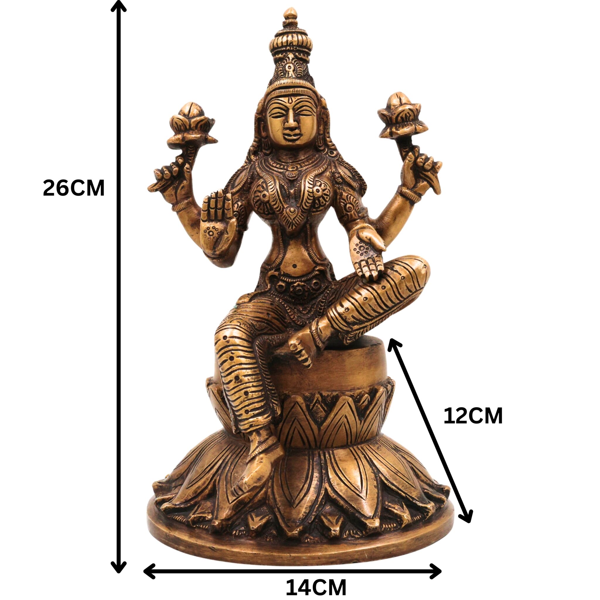 Brass Goddess Lakshmi Idol, Handcrafted mahalakshmi Murti, Prosperity Statue for Pooja, Home Temple & Decor, Gold, 10 Inch, 1 Piece